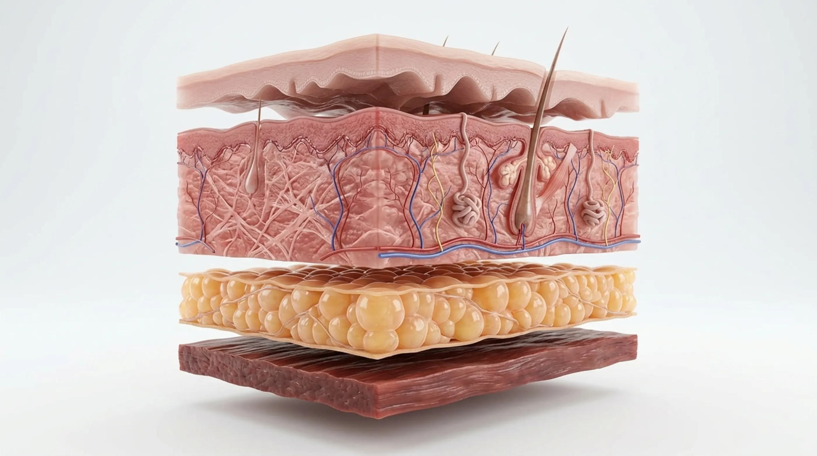Ilustração 3D da pele separada em quatro camadas: epiderme no topo, derme com pelo, glândulas e vasos, hipoderme de células de gordura e músculo embaixo.
