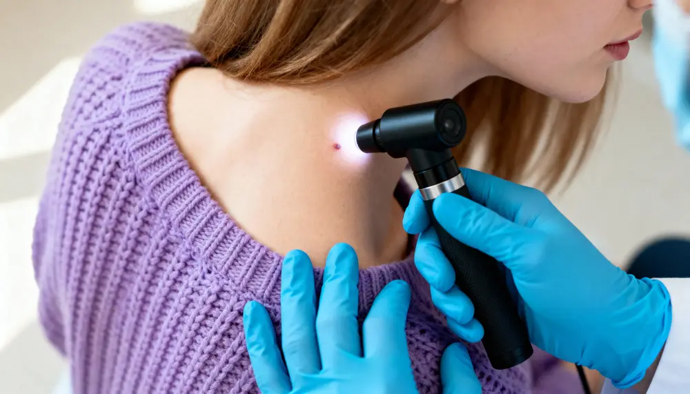 Médica com luvas examinando uma pinta no ombro de uma paciente com um dermatoscópio.
